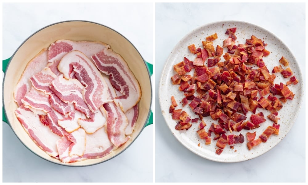 Bacon in a skillet and on a plate before and after being cooked.