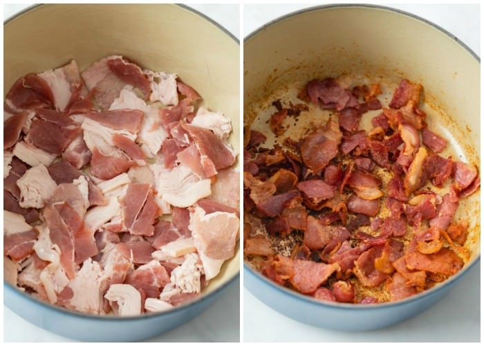 Squared of bacon in a dutch oven before and after being cooked.