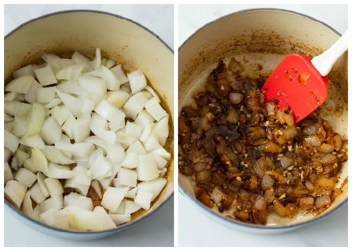 Chopped onions before and after being caramelized in a dutch oven to make beer cheese soup.