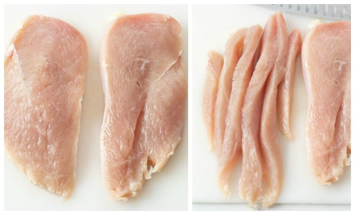 Cutting chicken breast into strips to make crispy chicken strips for salad.