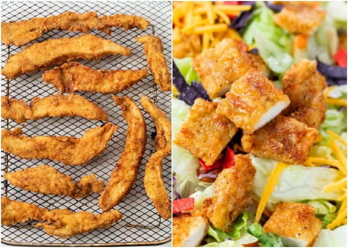 Chicken strips on a cooling rack next to chicken strips on top of a crispy chicken salad.