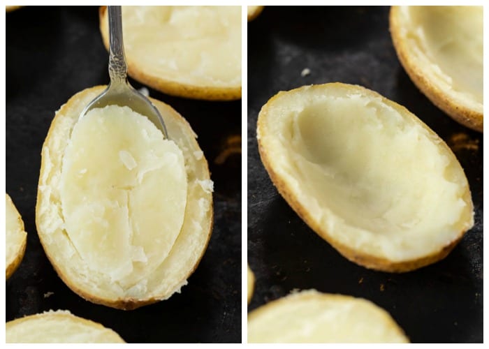Hollowed out potato halves for making potato skins