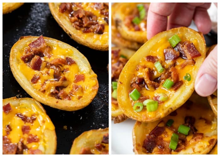 Potato skins after baking, topped with melted cheese and bacon.