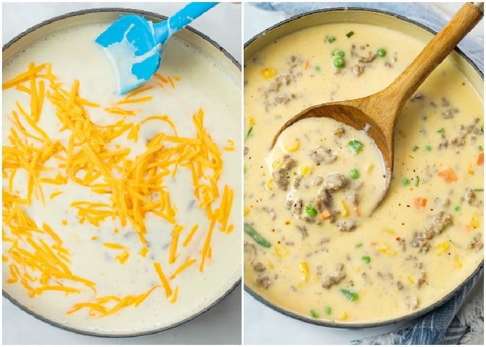 Adding cheese to shepherd's pie soup until creamy and combined.