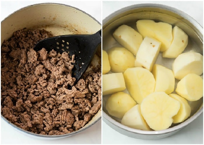 A pot of cooked ground beef next to a pot of diced potatoes in water.