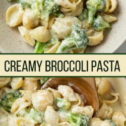 A collage of Creamy Broccoli Pasta with a label in the middle.