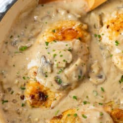 Chicken Stroganoff in a skillet with cream sauce and a wooden spoon.
