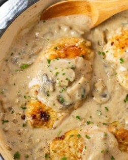 Chicken Stroganoff in a skillet with cream sauce and a wooden spoon.