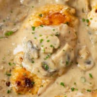 Chicken Stroganoff smothered in a creamy mushroom sauce in a skillet.