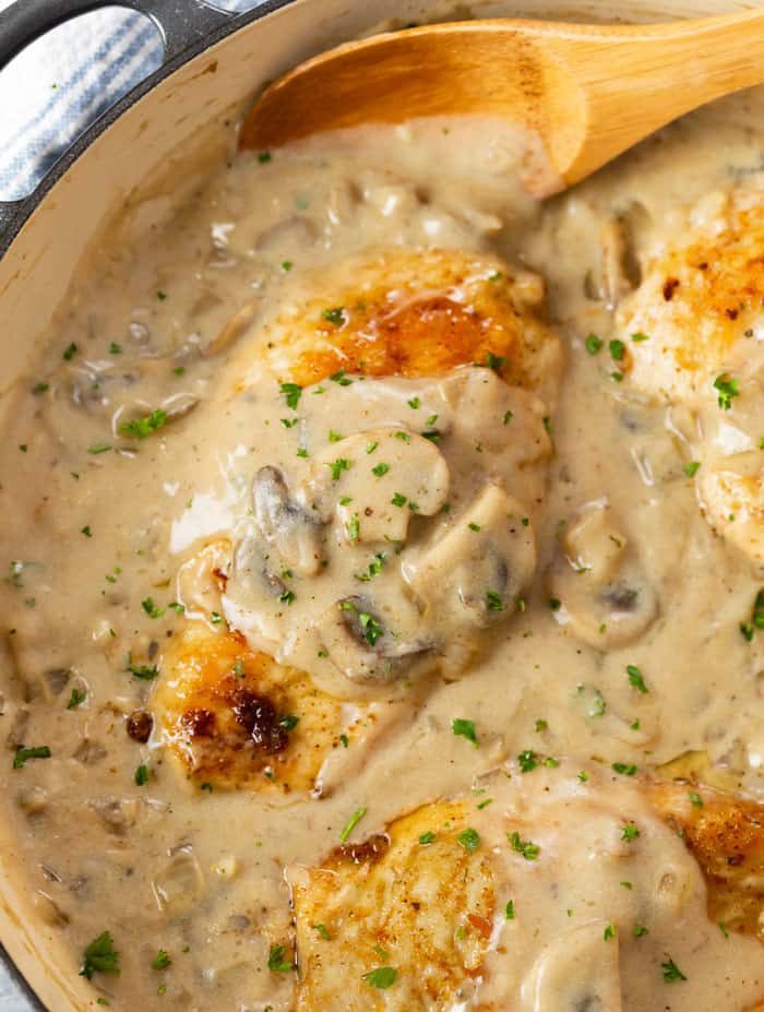 Chicken Stroganoff in a skillet with cream sauce and a wooden spoon.