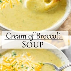A collage of Cream of Broccoli Soup in a bowl topped with cheese.