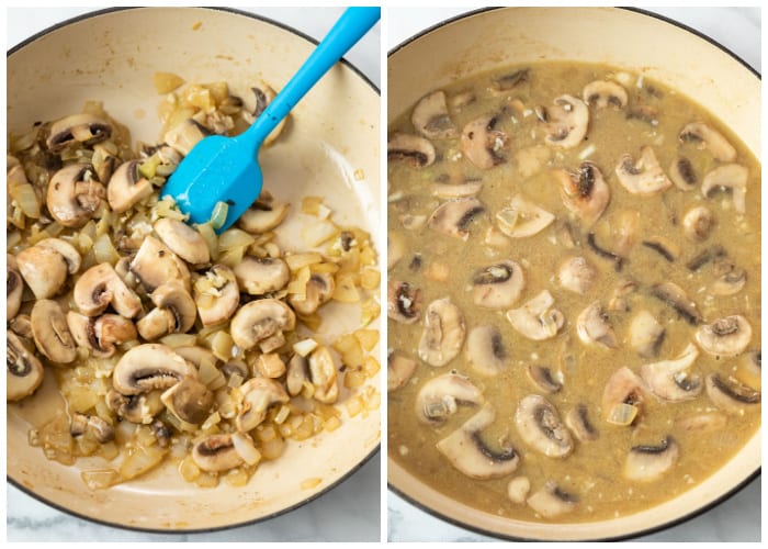 Sauteed onions and mushrooms with broth being added to make stroganoff sauce.