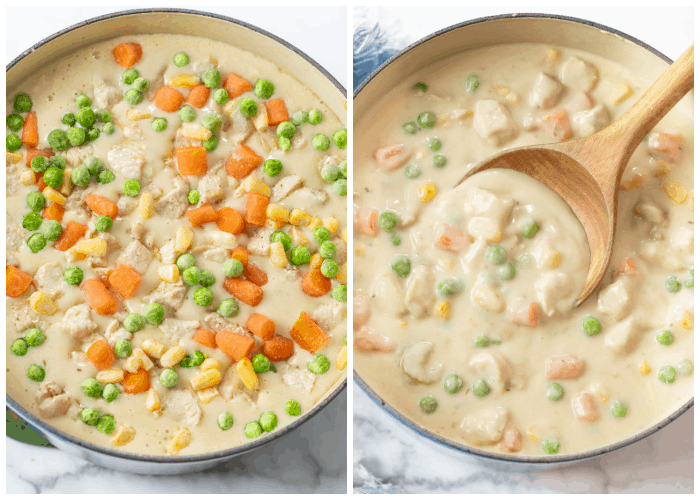 Chicken Pot Pie Soup with vegetables being mixed in to finish the recipe.