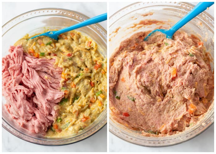 Panade and ground turkey for turkey meatloaf before and after being mixed together.