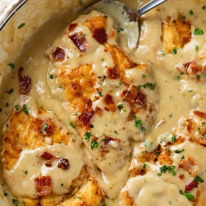 One-pan cheese and bacon smothered chicken recipe