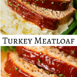 A labeled collage of turkey meatloaf.