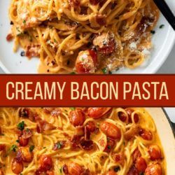 A collage of creamy bacon pasta with tomatoes and a label in the middle.