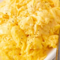 A close up view of fluffy scrambled eggs on a white plate.