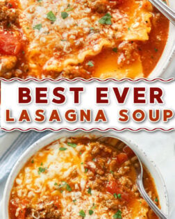 A collage of lasagna soup in a soup bowl with a spoon.