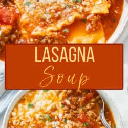A labeled collage of lasagna soup in a white bowl with a spoon.
