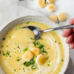 A labeled image of a bowl of leek and potato soup with a hand holding a spoon in it.