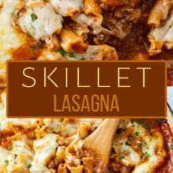 A collage of skillet lasagna with a wooden spoon in it.