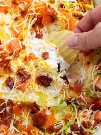 A hand dipping a potato chip into BLT Dip with Bacon, Lettuce, and Tomatoes on top.