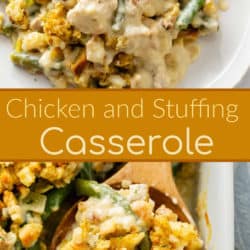 A collage of chicken and stuffing casserole on a plate and in a casserole dish with a spoon.