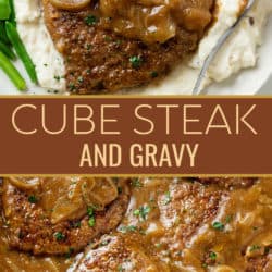 A collage of cube steak smothered in brown gravy with onions.