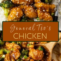A collage of General Tso's Chicken with a label in the middle with the recipe name.