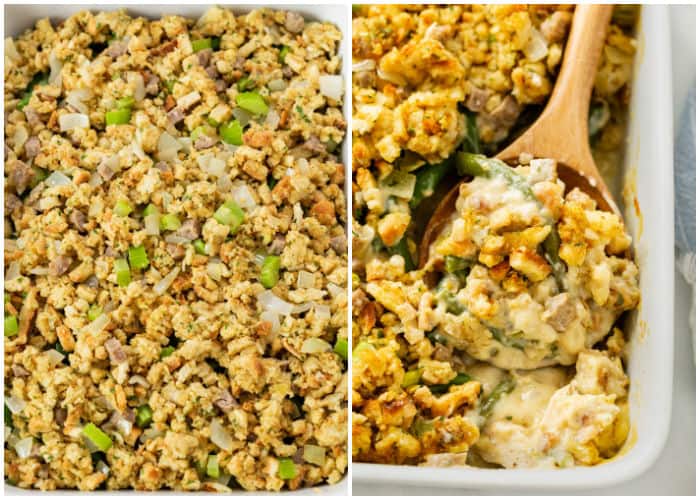 A white casserole dish with chicken and stuffing casserole before and after baking.