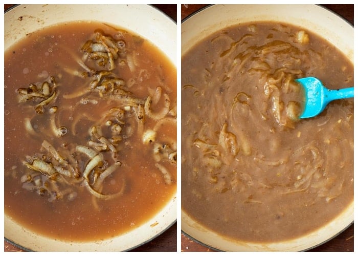 A skillet with brown gravy before and after it's thickened.