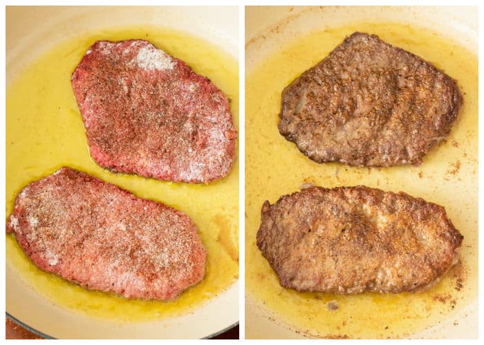 Cube Steak before and after searing in a skillet.
