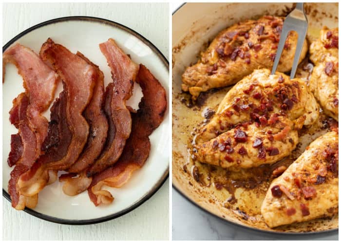 A plate of crispy cooked bacon next to a pan of cooked marinated chicken.