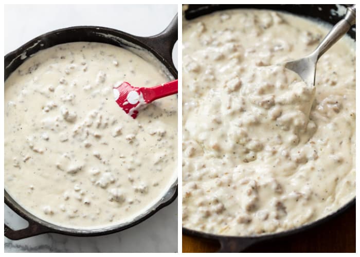 A cast iron skillet filled with creamy sausage gravy.