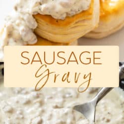 A collage of sausage gravy in a skillet and being spooned over a biscuit.