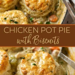 A collage of chicken pot pie with biscuits in a skillet.