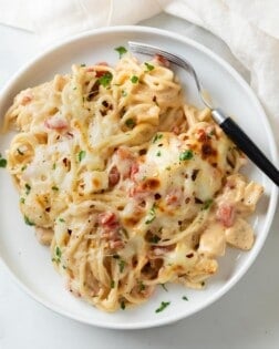 A white plate topped with creamy Chicken Spaghetti topped with red pepper flakes and parsley.