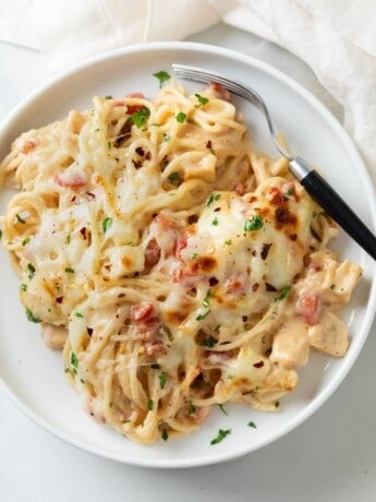 A white plate topped with creamy Chicken Spaghetti topped with red pepper flakes and parsley.