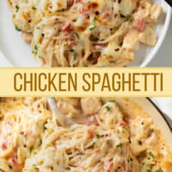A labeled collage of creamy chicken spaghetti