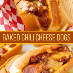 A labeled collage of Baked Chili Cheese Dogs