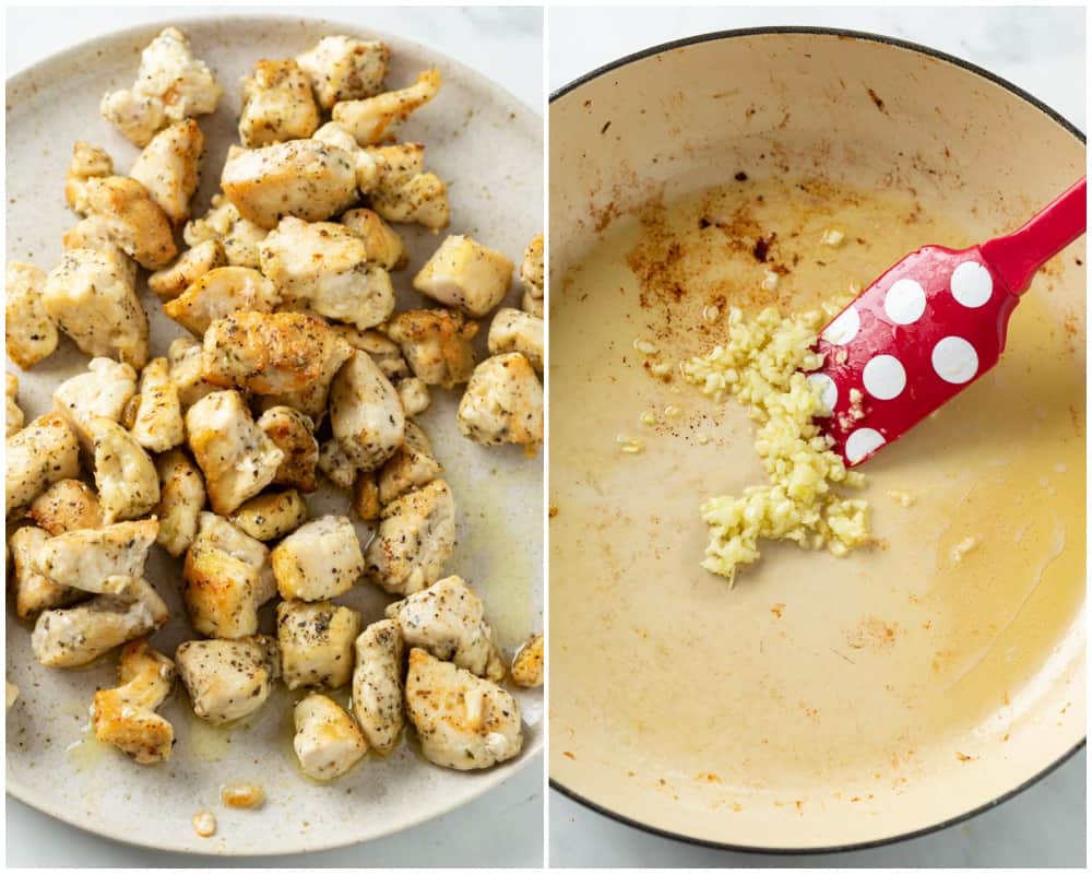 Cooked chicken on a plate next to a skillet with butter and minced garlic for Chicken Scampi.