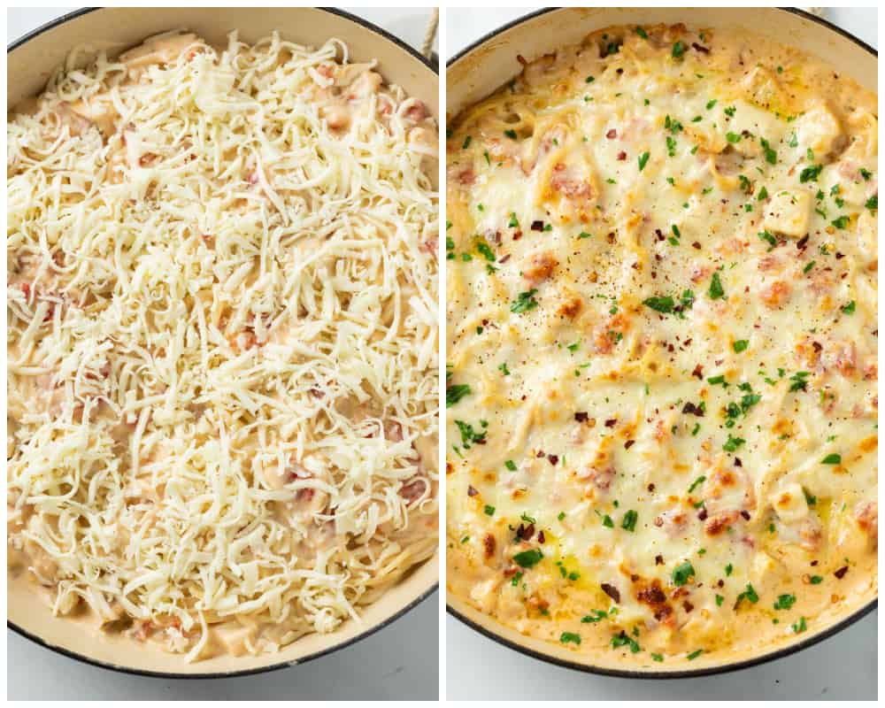 Chicken Spagetti before and after baking.