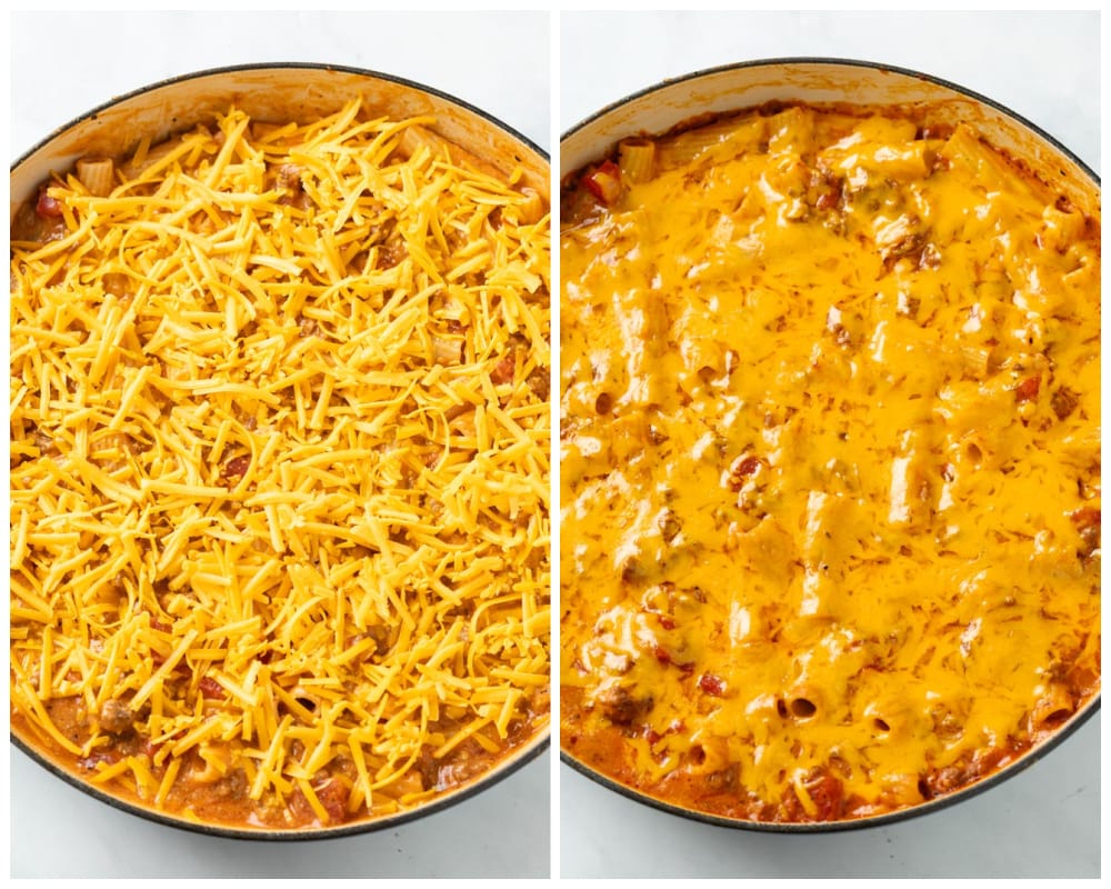 A cheesy ground beef casserole before and after being baked.