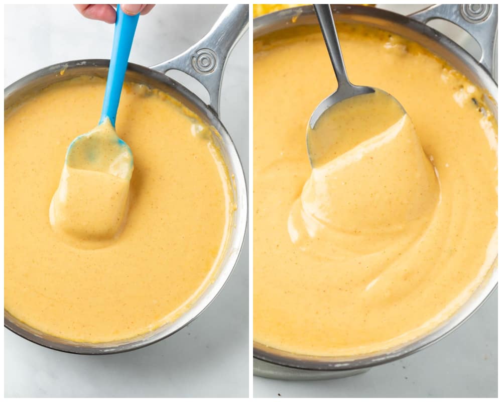 A skillet filled with creamy Nacho Cheese Sauce.