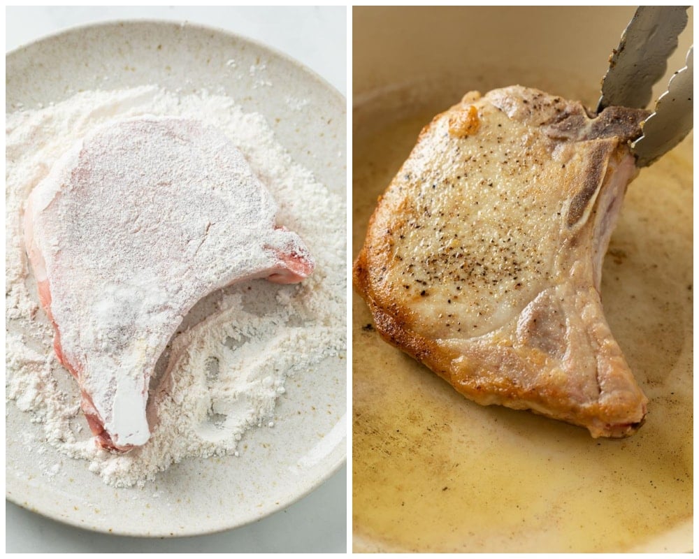 Coating Pork Chops in flour and searing them in a skillet.