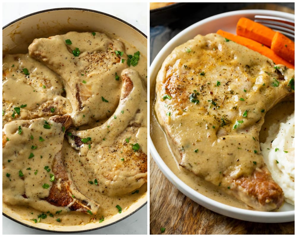 Pork Chops in Gravy in a skillet and on a white plate with mashed potatoes and carrots.
