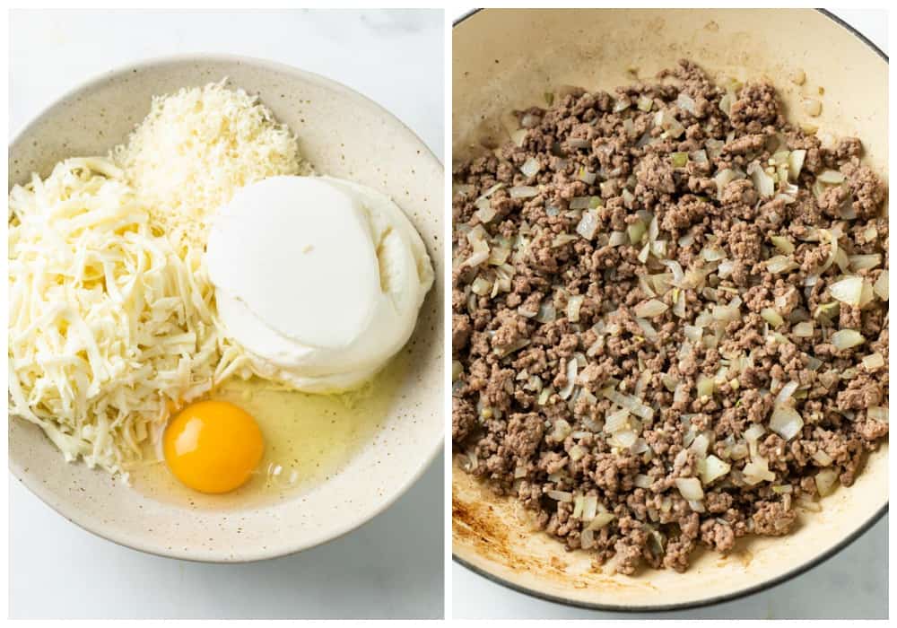 A bowl of Ricotta Mix next to a skillet with ground beef and onions.