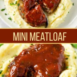 A collage of mini meatloaf on a pile of mashed potatoes.