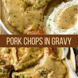 A collage of pork chops in gravy on a plate with mashed potatoes and carrots.